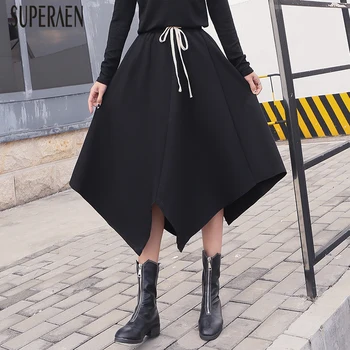 

SuperAem Europe Spring and Autumn 2020 New Women Skirt Irregular Solid Color Wild Ladies Skirts Casual Elastic Waist High-waist