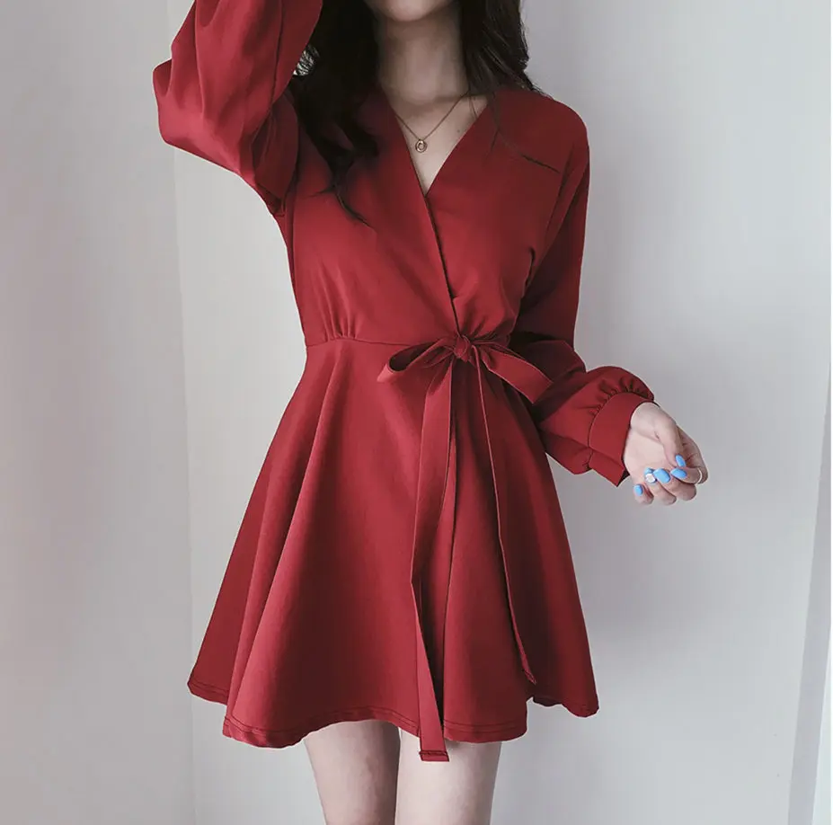 Осенние дизайнерские мини платья женские модные длинные рукава Корея японский стиль A Line галстук-бабочка красные вечерние Платья Туника 8317