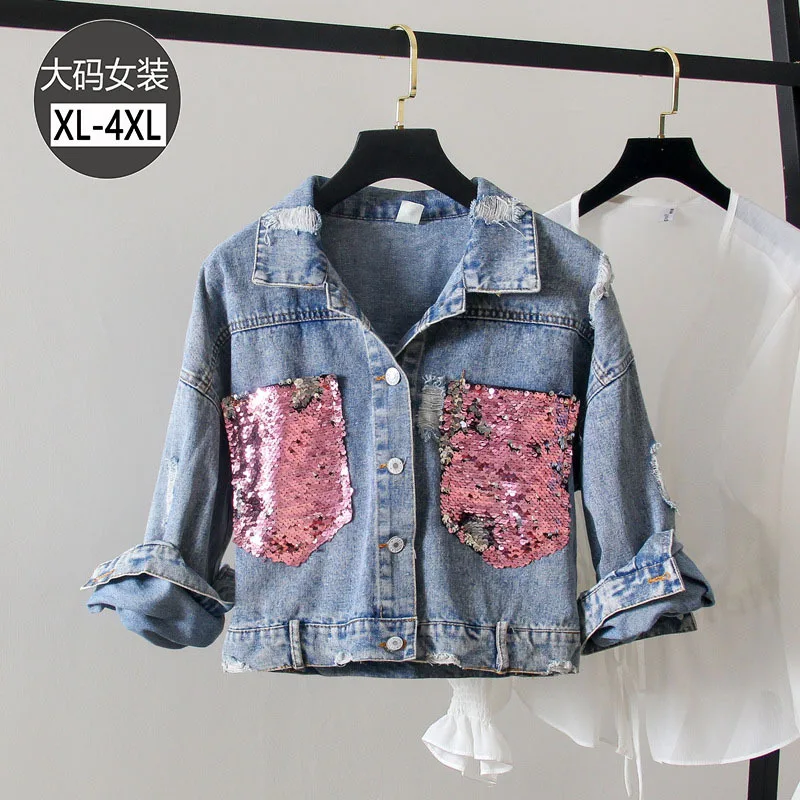 

2020 Spring Clothing New Style Large Size Dress Fat Mm Sequin Joint Pocket Jeans Coat Loose Cowboy Coat with Holes Women's