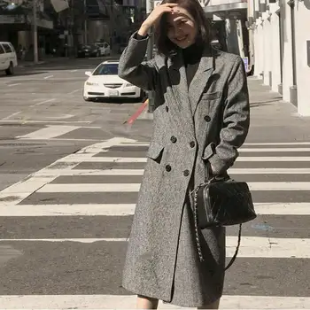 

Women's Wool Plaid Coat Slim Long Woolen Coat Pockets Winter Wool Jackets Female Outerwear