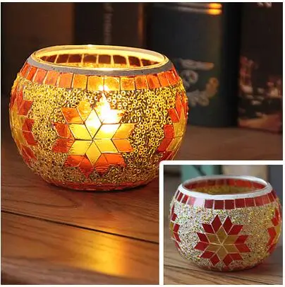 1 2pcs Mosaic Carved Glass Candle Holder Wedding Home Table Decorative for Romantic Dinner Candlestick - Color: 1