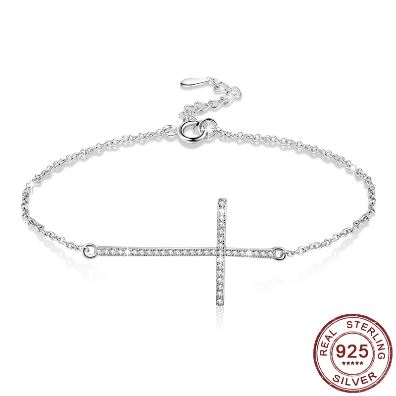 

925 Sterling Silver Jesus Christian Cross Bracelets Trendy Simple Design Micro Pave Zircon CZ Religious Jewelry Adjustable Chain