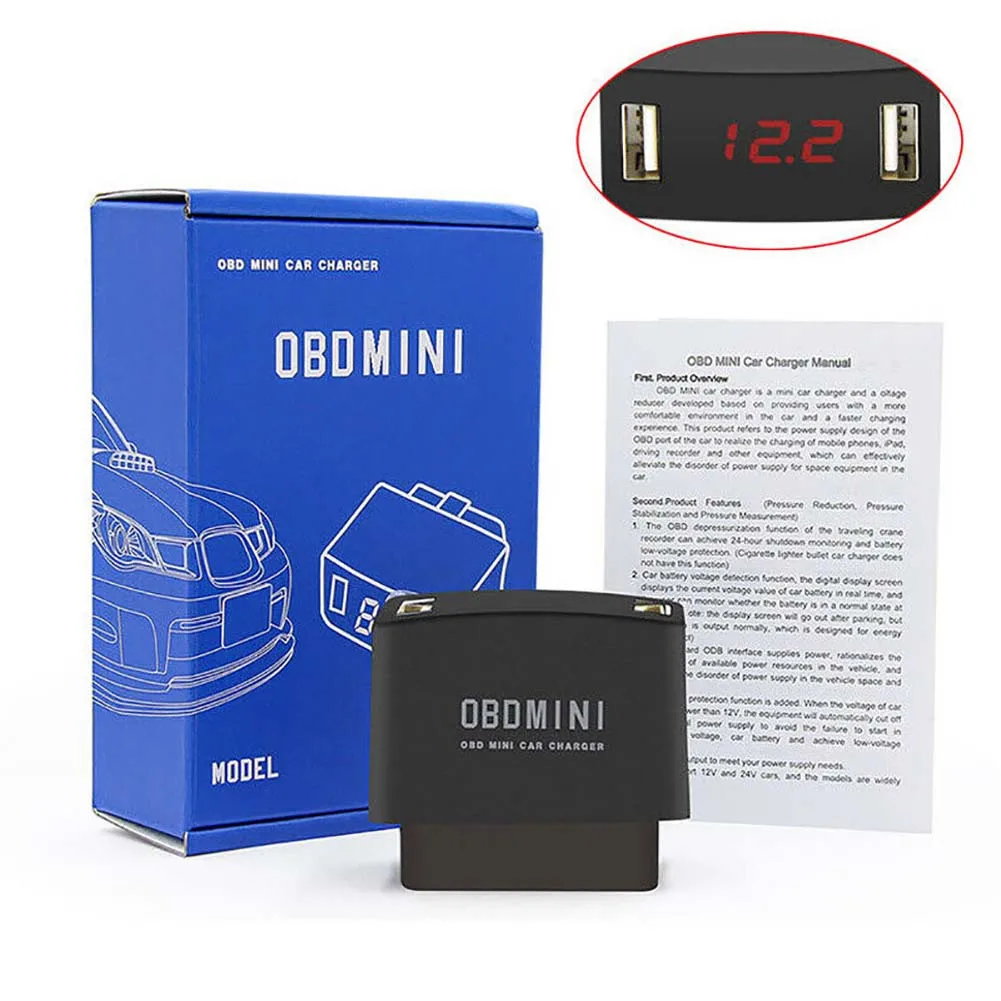 Автомобильное зарядное устройство OBD с 2 USB портами и светодиодным дисплеем 12/24