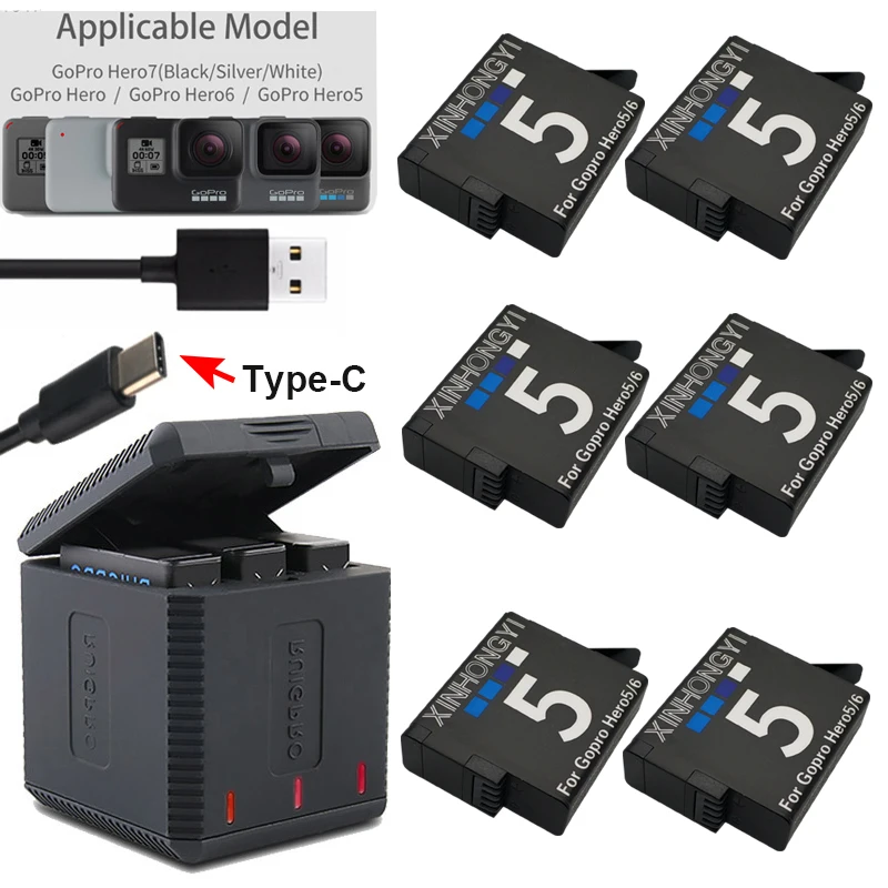 

High quatity Fully Decode Go pro Hero5 Hero 7 battery + 3-Port Type-C Charger For GoPro Hero 5 6 7 black battery Accessories