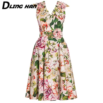 

LINGHAN Fashion 3D Floral Cotton Dress Elegant Print V-neck temperament Slim Vacation Dress Designer Women New