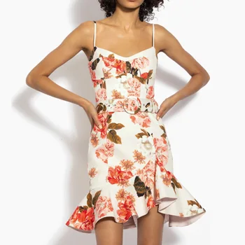 

2020 New Designer Women Print Dress Sexy Sling Mini Pleated Dress D2315