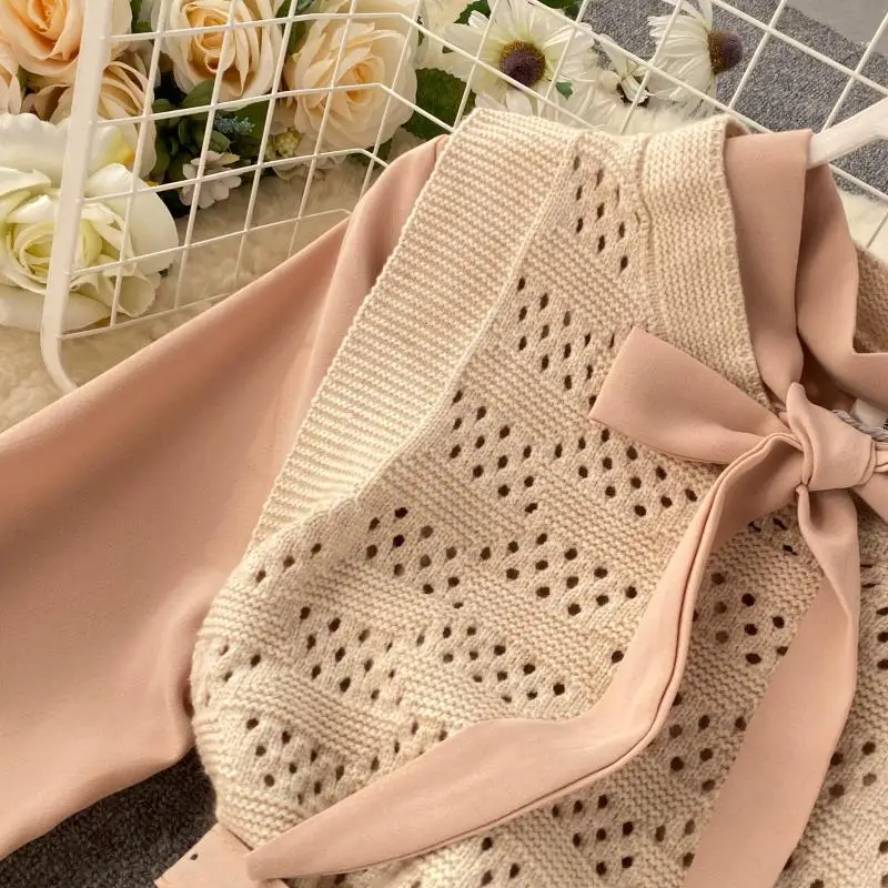 Neploe French Retro Temperament Chic 2 Pcs Women Set Autumn Lace Up Bow Long Pleated Dress+ Hollow Out Knit Vest Chandal 47035