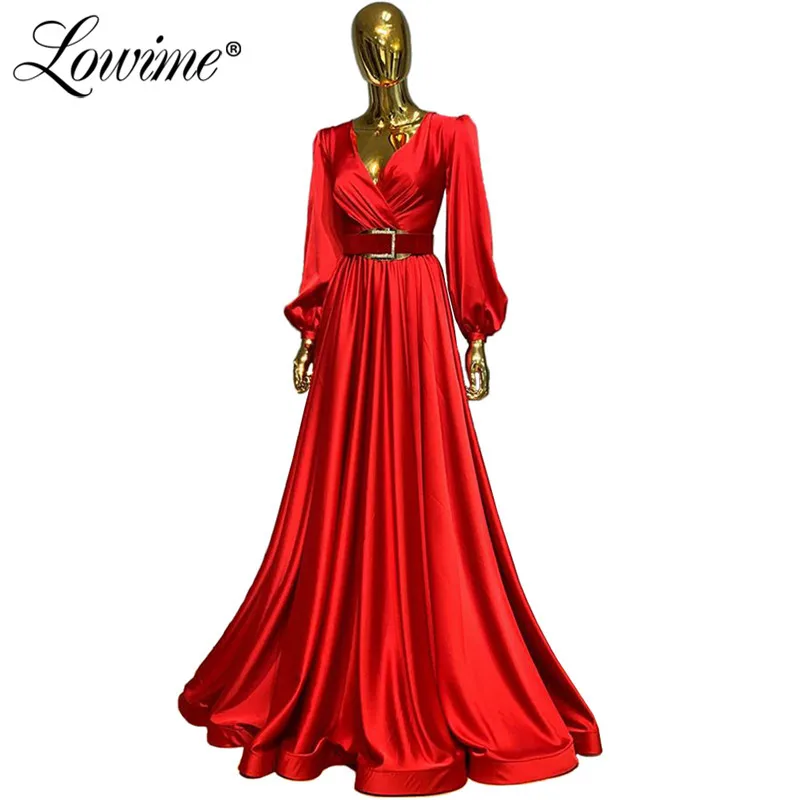 

Red V Neck Muslim Evening Dress With Belt Long Sleeves Formal Arabic Prom Dress Dresses Women Party Gown Robe Dubai Soiree 2020