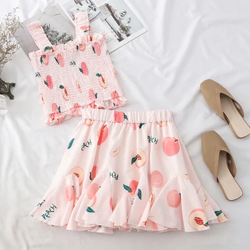 

Heliar 2019 Summer Woman Suit Fruit Printed Tops Pleated Croped Halter Top And Sweet High Waist Pleated Skirt Two-Piece Outfits
