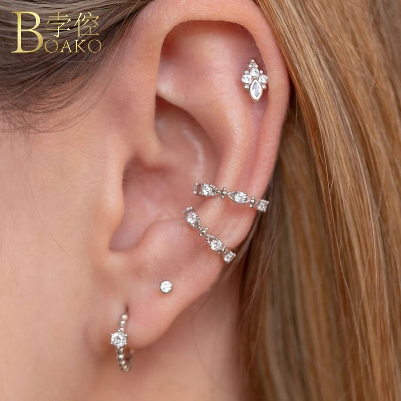 Real 925 Silver Earrings For Women Round Zircon Earrings Girl Cartilage No Piercing Ear Cuff Earring Female Crystal aretes K5