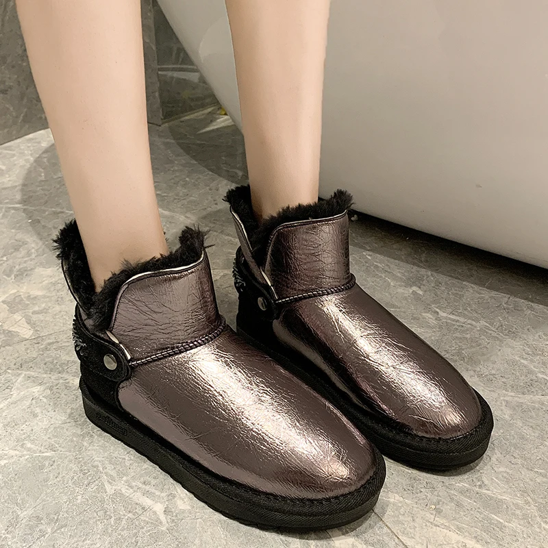 Rimocy fashion winter silver patent leather womens boots high platform thick long plush warm snow boots woemn cotton shoes