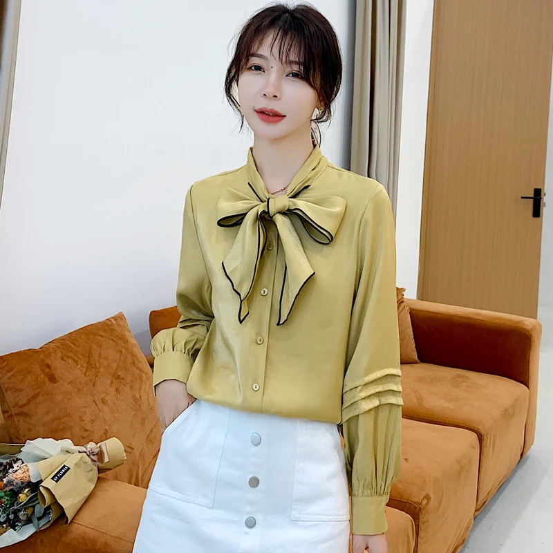 2019 Autumn Women Shirts Bow Full Sleeve Loose + Small Sweet Wind Design Niche Blouse Shirt Yellow 1123