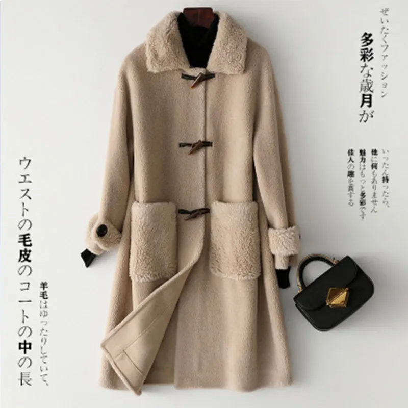 Beige Новая зимняя куртка женская модная повседневная из натуральной шерсти тонкая шуба женская натуральная оторочка из овечьей шерсти утепленная теплая меховая куртка - Цвет: Beige