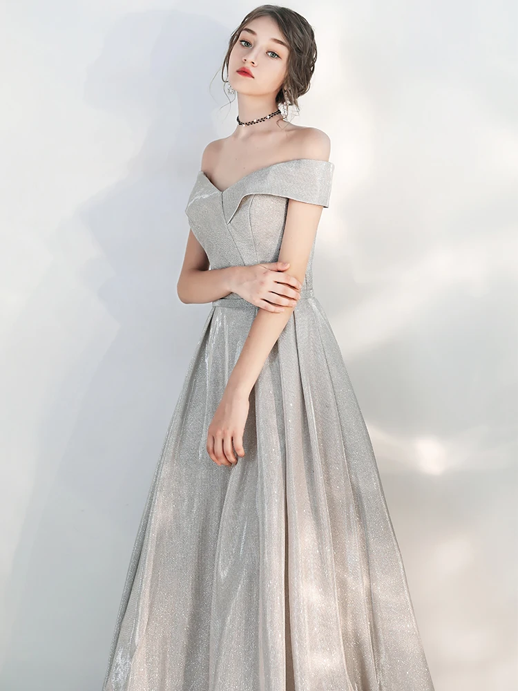 SSYFashion/Новинка; простое серебристо-серое вечернее платье с блестками и блестящим вырезом-лодочкой; Длинные вечерние платья в пол; Vestidos De Noche