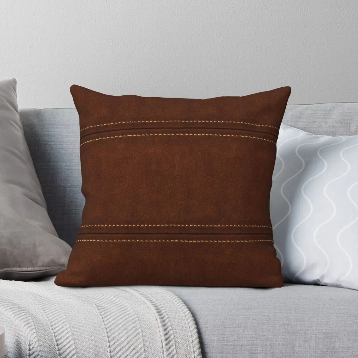 

Stitched Leather Brown Square Pillowcase Polyester Linen Velvet Printed Zip Pillow Case Sofa Seater Cushion Cover 45x45