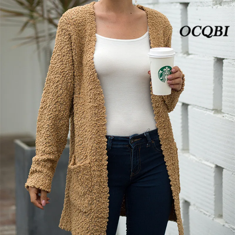 Большие размеры, женские свитера, мода, осенний кардиган, женские карманы, OL, корейский длинный свитер кардиган - Цвет: Хаки