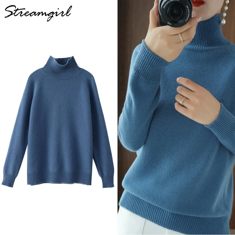 Streamgirl Winter Sweater Women Turtleneck Pullovers Solid Knitted Tops White Sweaters For Spring Blue | Женская одежда