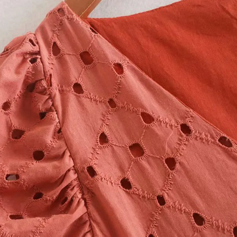 Vintage Stylish Hollow Out Embroidery Mini Dress Women Fashion V Neck Half Puff Sleeve Chic Dresses Vestidos Mujer