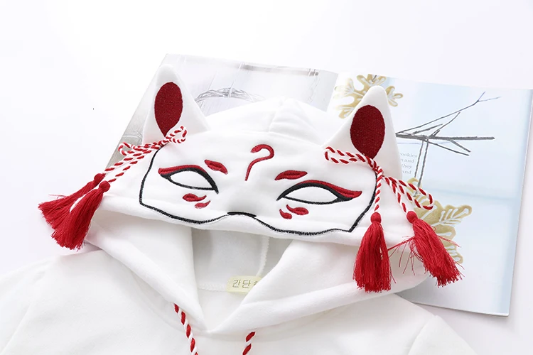 Японские милые уличные модные женские толстовки Harajuku Kawaii С лисьими ушками толстовка с капюшоном с вышивкой Сакура плюс бархатный пуловер Топы