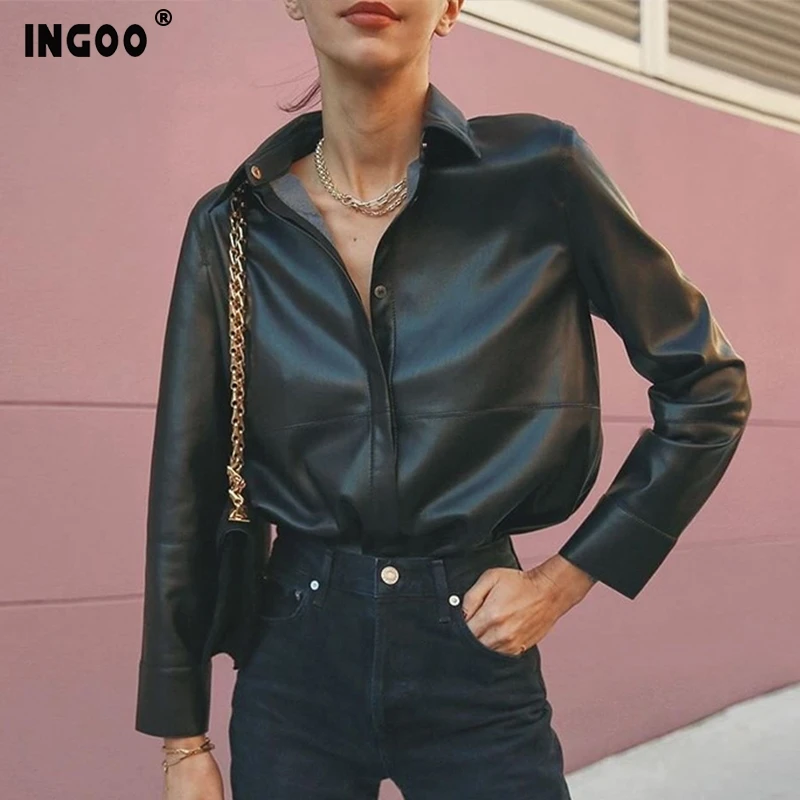 

INGOO Autumn PU Long Sleeve Women Shirts Fashion Casual Slim Solid Color Turn Down Collar Button Cardigan Black Female Shirt