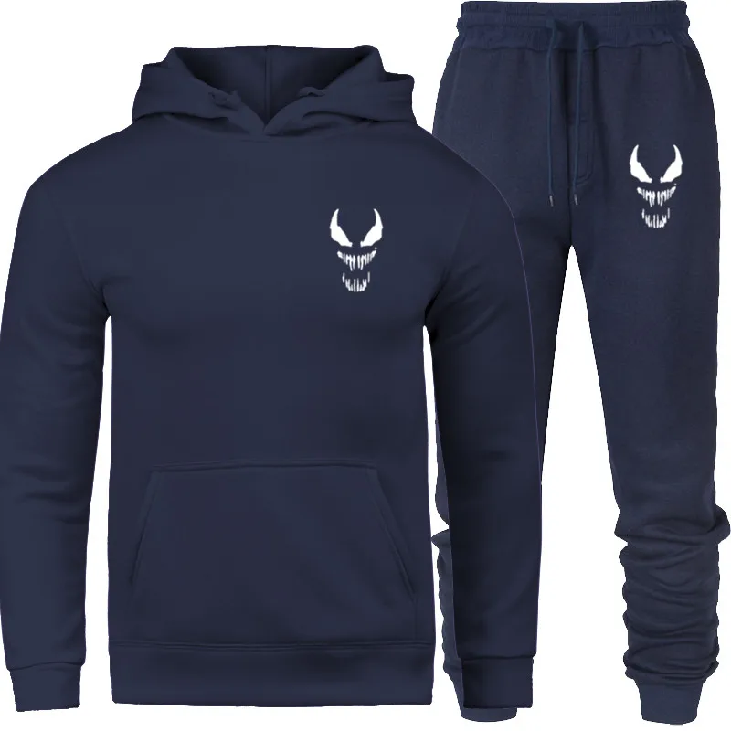 

2019 Men Tracksuit Set Winter Fleece Hood Print Jacket+Pants Sweatshirts Male 2 Piece Set Hoodies Sporting Suit Coat