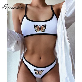 

Rinabe Butterfly Print Bikini Black White Patchwork Swimsuit Women Biquini Halter Bikini Set Bathing Suit Women Swimwear Beach