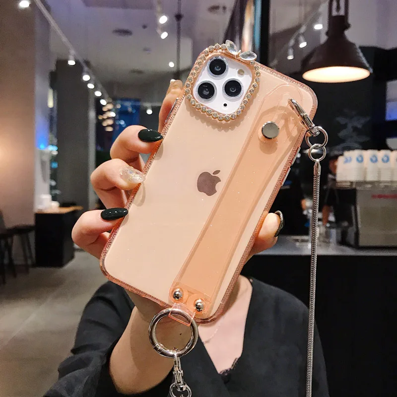 Ремень шнур цепь чехол для телефона для iPhone 6 6s 11 Pro Xs Max Xr X 7 8 Plus прозрачный чехол со стразами Мягкий ТПУ плечевой ремень задняя крышка - Цвет: SLWDXK-Rose Gold