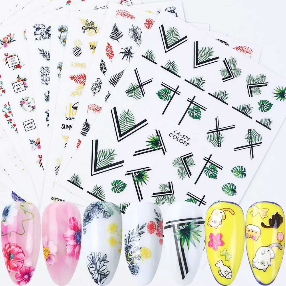 1pcs 3D Adhesive Nail Stickers Leaf Flowers Letters Decals Designs Nail Art Decorations Slider Foils Manicure Wraps TRCA574-584