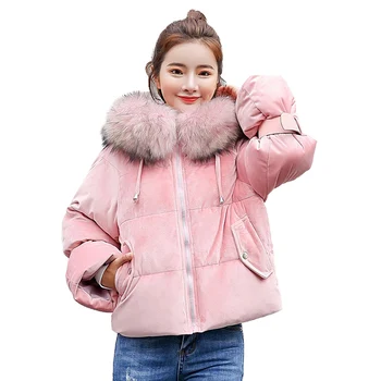 

2019 Fashion Short Cotton Coat Womens Winter Parkas Gold velvet fabric Thicken Students Hooded Down cotton jacket Plus size G572