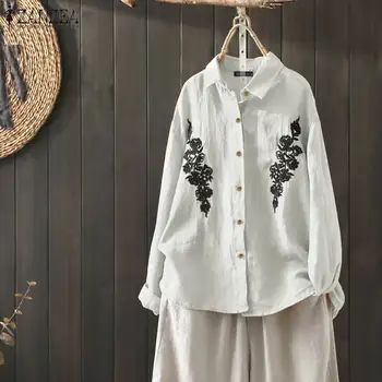 

ZANZEA 2020 Vintage Embroidery Shirts Ladies Lapel Neck Blouses Buttons Dowm Tunic Tops Long Sleeve Blusas Chemiser Mujer 5XL