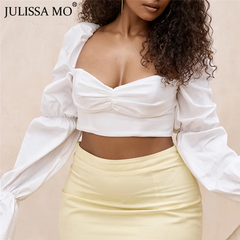 JULISSA MO винтажный буф с рукавами сексуальная майка Женская Белая Квадратная шея