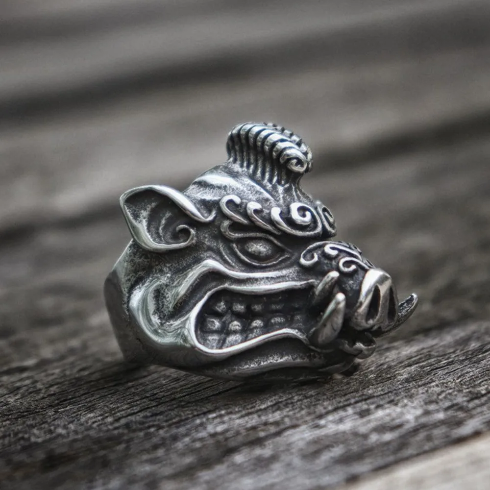 

EYHIMD Wild Boar Silver Stainless Steel Men Rings Sus Scrofa Biker Ring Animal Jewelry