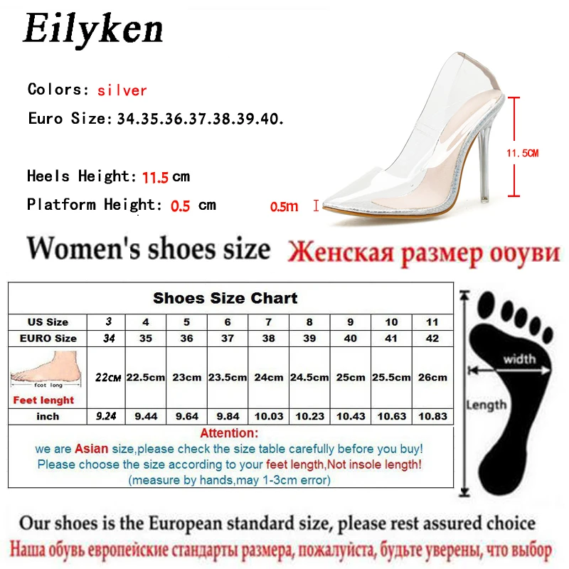 Eilyken модный, из ПВХ, прозрачный прозрачные туфли-лодочки на высоком каблуке пикантные острый носок Женская Свадебная вечеринка серебристого цвета женская обувь размер 41 42