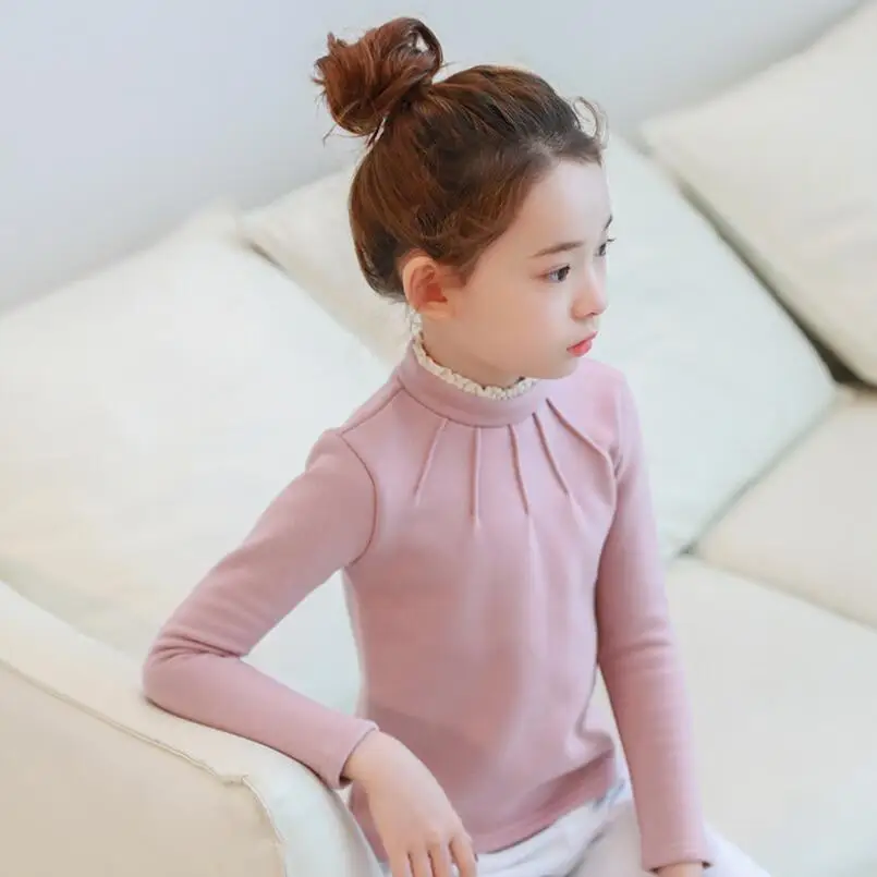 pink girls shirts Осенне-зимние хлопковые детские базовые футболки Одежда для маленьких девочек-подростков водолазка с длинными рукавами футболки, детские футболки - Цвет: pink girls shirts