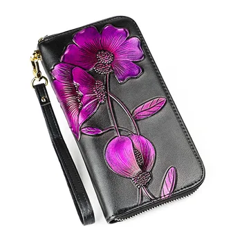 

Fashion 3D Purple Flower Genuine Leather Wallet Women High Capacity RFID Female Coin Purse Ladies Wallets Long Clutch Money Bag