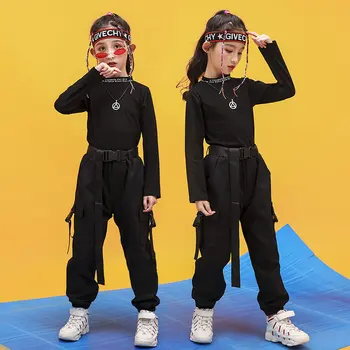 

Children Girl Long Sleeve Black Hip Hop Dance Costumes for Teens Kids Ballroom Clothes Outfits Spring Fall Fashion Clothes Suit