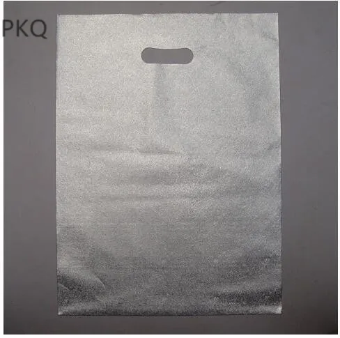 50pcs High Quality Silver Aluminum Film Handle Gift Bag Plastic Clothing Bag Party Wedding Gift Packing Bag
