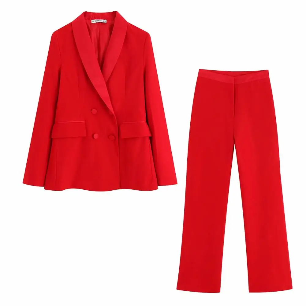 Осенний красный Повседневный Блейзер, костюмы для женщин, Офисная Леди, дизайн с карманами, двубортный и длинные штаны, femme, шикарный Женский блейзер для похудения - Цвет: suits