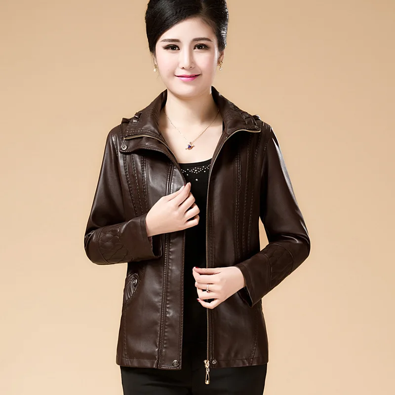 

2019 New Style Spring And Autumn WOMEN'S Dress Middle-aged Leather Coat Short Leather Coat Middle-aged Women Dress Large Size Ja