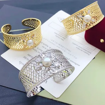 

copper Fashion freshwater pearl Braelet zircon charm bangles for women Fancy Gift Jewelry Brief Design resizable