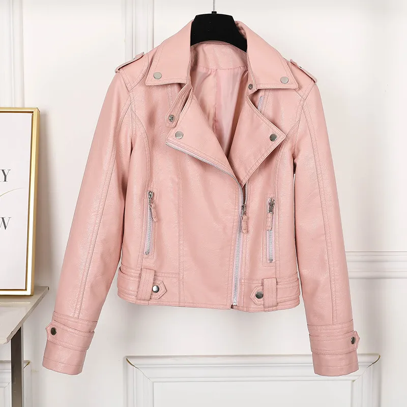Aelegantmis Fashion Slim Women Faux Leather Jacket Casual Biker Motorcycle Jackets Female Punk Streetwear Spring Autumn Coat - Цвет: Розовый