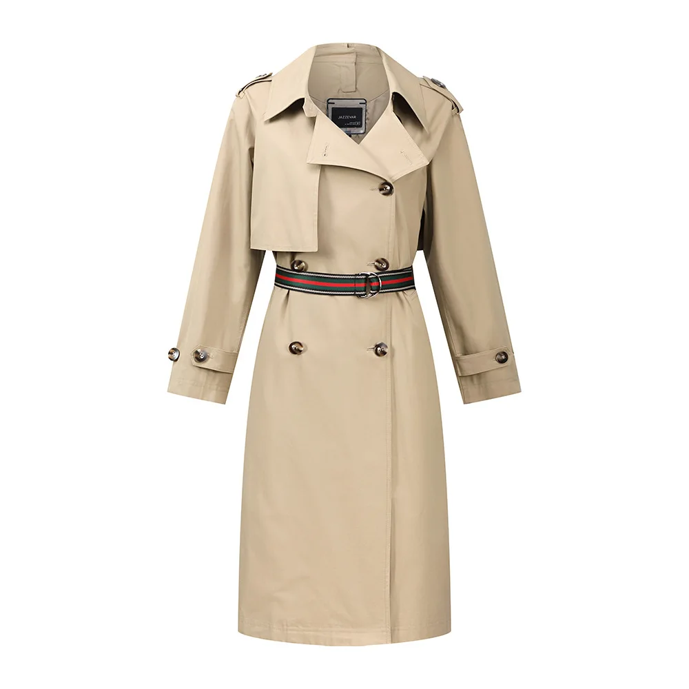 Light Khaki Осенний продвинутый женский хлопковый двубортный плащ, Классическая свободная Длинная ветровка с отворотом, устойчивая к морщинкам верхняя одежда - Цвет: Light Khaki