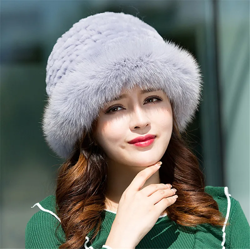 gray Новинка, модная женская шапка из натурального меха кролика Рекс, цветная меховая шапка из меха енота, шапка для защиты от солнца, шапка Lei Feng - Цвет: gray