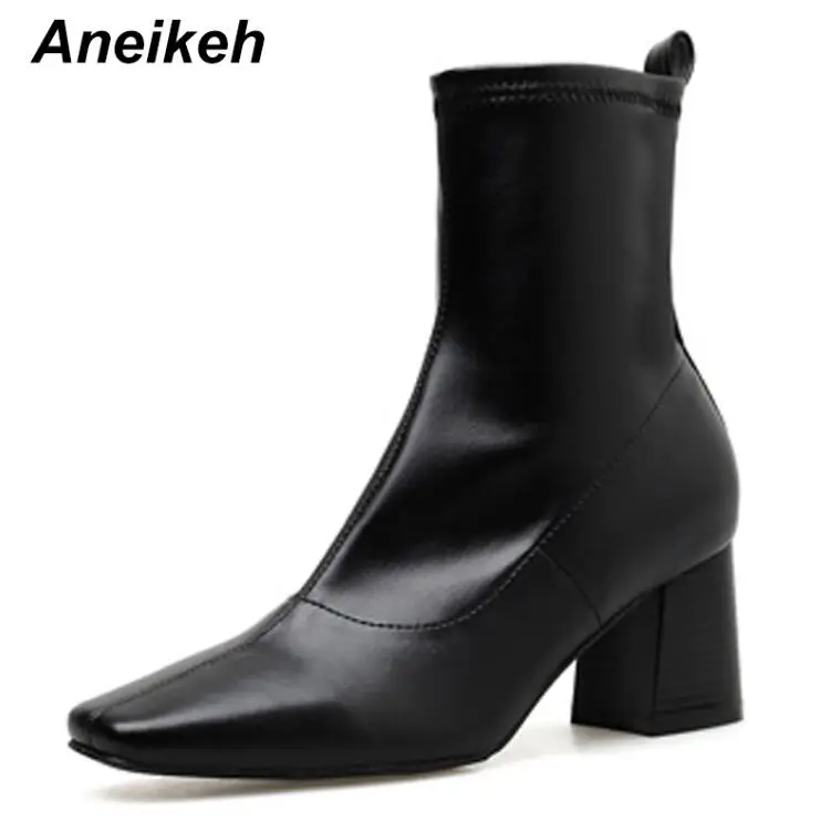 Aneikeh/Новинка г. Классические женские ботинки из PU искусственной кожи однотонные слипоны с квадратным носком свадебные танцевальные ботильоны на высоком квадратном каблуке Размеры 35-39 - Цвет: Black