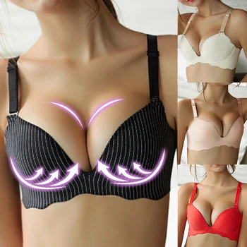 

Sexy Striped Bra Push Up Solid Bralette Bras Ladies Lingerie Brassiere Wireless Girl Small Chest Bra Thick Gather Underwear