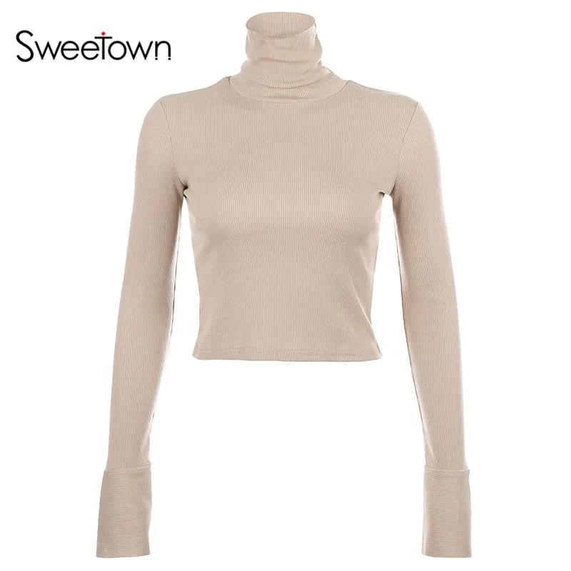 Sweetown черный однотонный короткий футболки для женщин Водолазка с длинным рукавом Базовая зимняя футболка Женская Хаки элегантная уличная одежда топы - Цвет: khaki