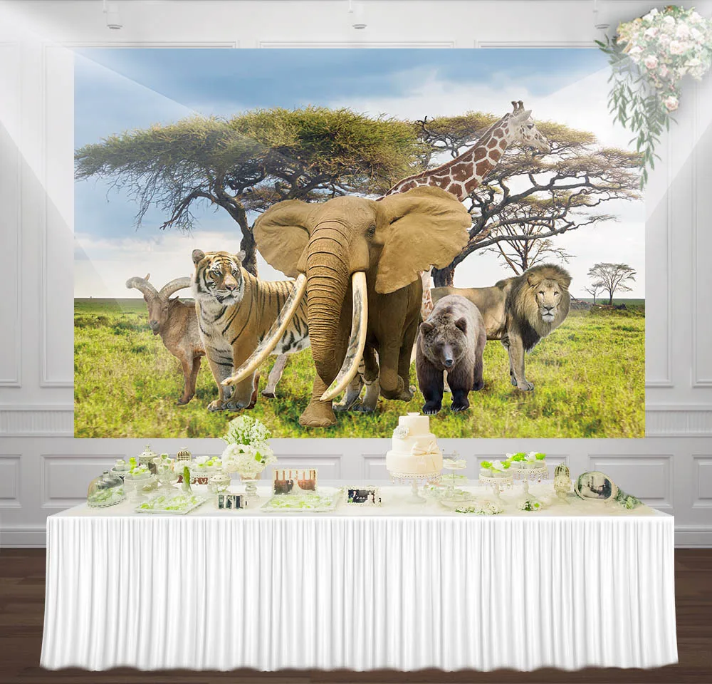 wild birthday party backdrop African tropical forest jungle safari animals background cake table banners Scene Setter Decoration