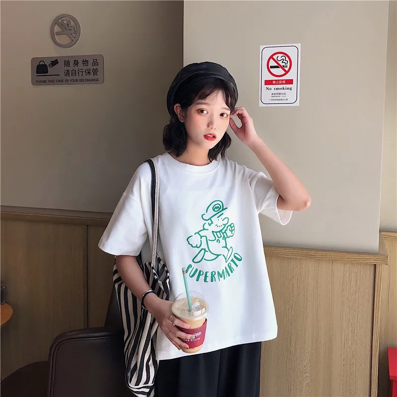 

White T-shirt Female Short-sleeved Ins Round Neck Short-sleeved Ladies Fashion Printing Art Small Fresh Wild Women's