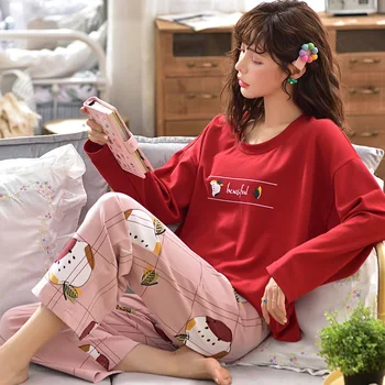 

Pajamas Woman Autumn Happy Red Round Neck Sweet Lovely Girl Easy Will Code Length Sleeve Cotton Home Furnishing Serve Suit