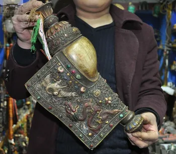 

wedding decoration Old Tibet Temple Bronze inlay Shell Gem Painted Dragon Crane Conch Horn Trumpet